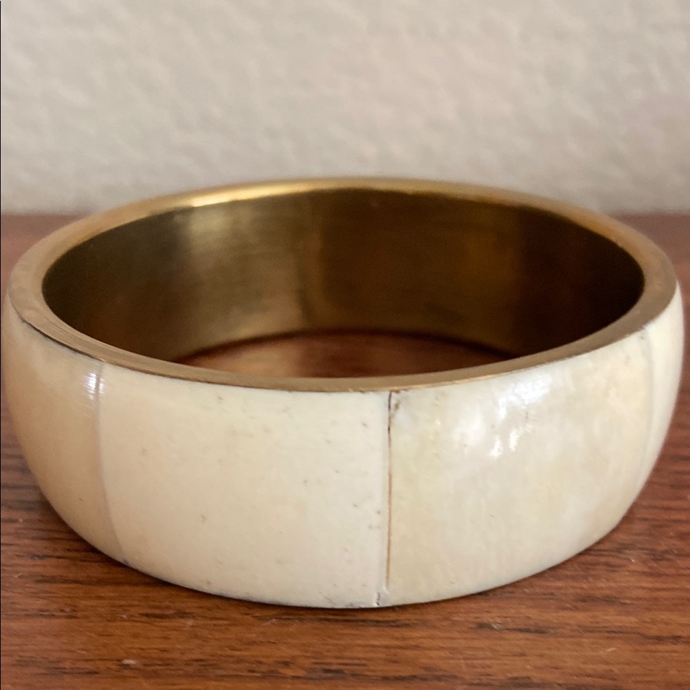 Vintage 70s Era Bone Inlay Brass Bracelet